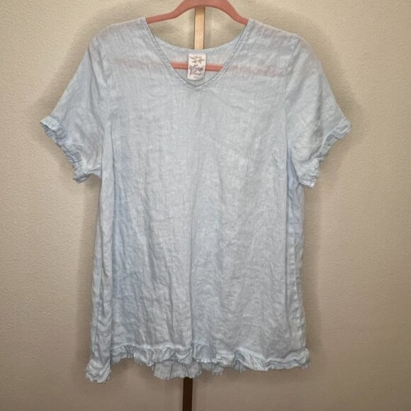 Match Point Linen Crew Neck Tunic Blouse Ruffle Hem Sky Blue Size Large - Picture 2 of 6